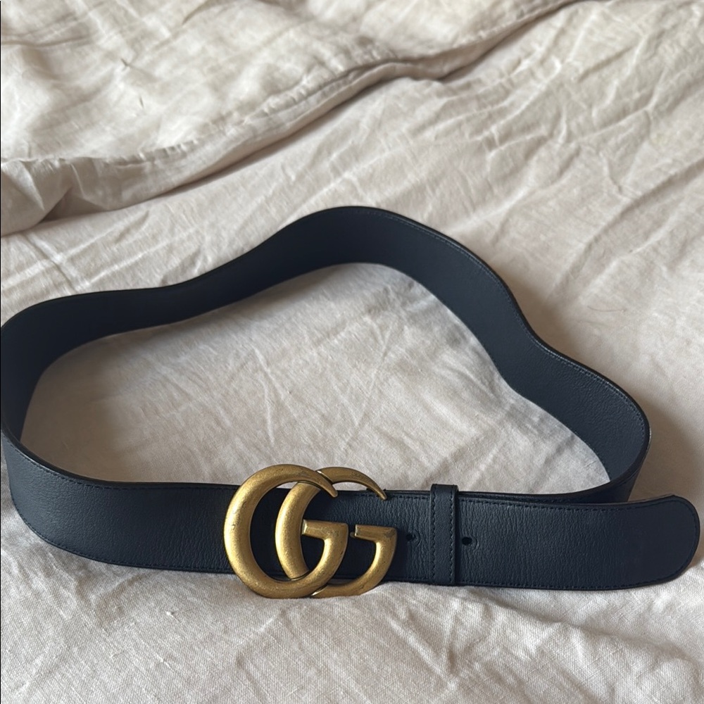 Authentic Gucci Black and Gold Designer Belt with Iconic Buckle